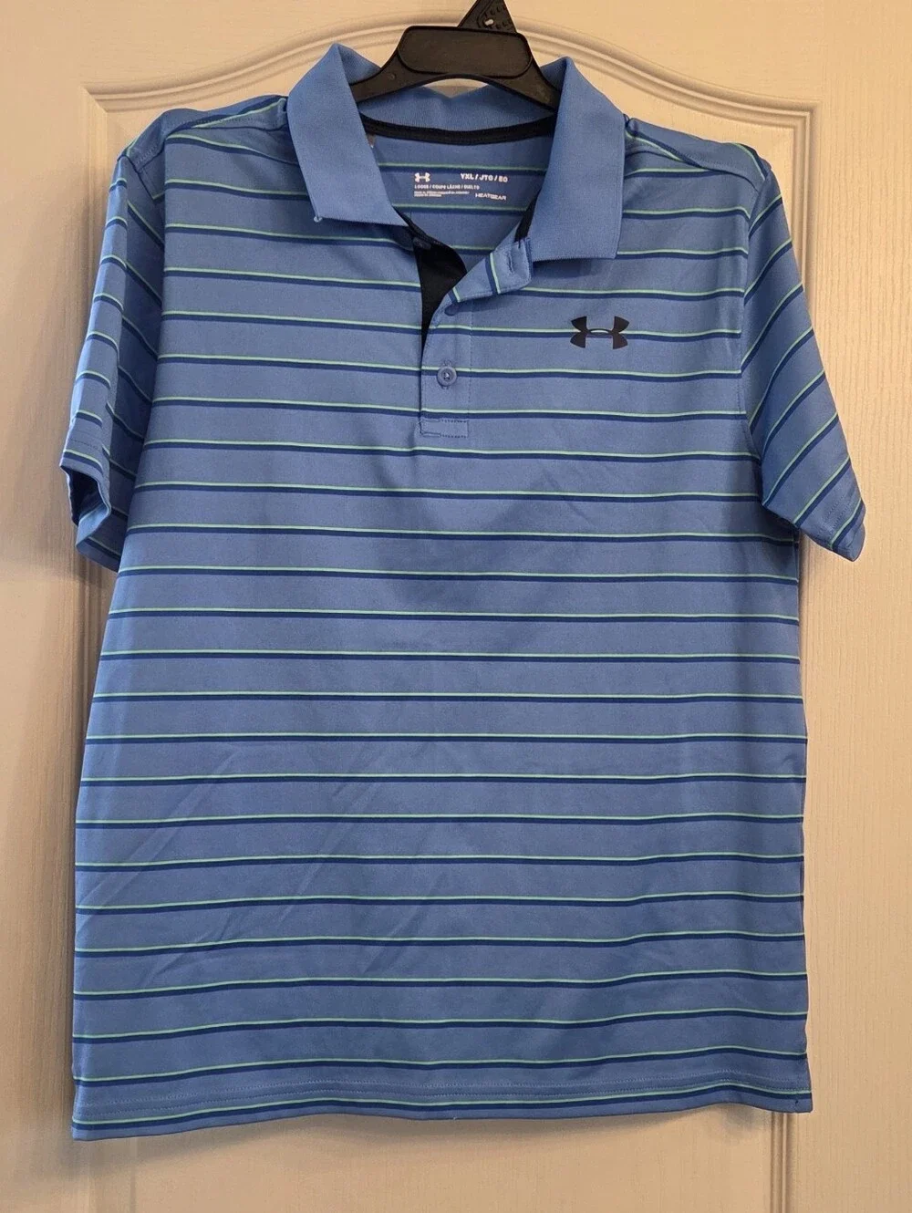 Under Armour Light Blue Striped Polo with Navy Logo KIDS SIZE XL